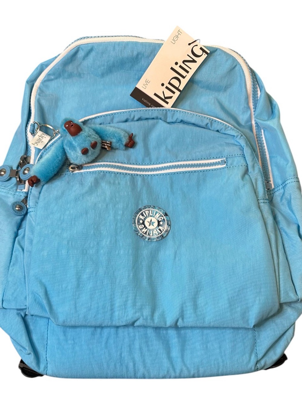 NWT Kipling Light 17" Nylon Backpack with Monkey Charm Powder Blue